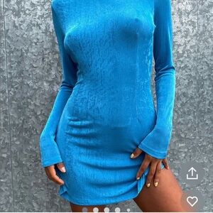 Blue Tie Open Back Long Sleeve Mini Dress